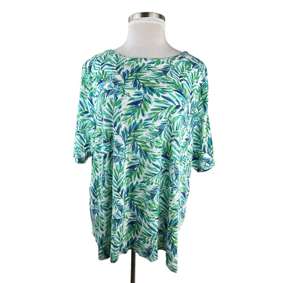 J. Jill Pima Slub Elbow Sleeve Tee Spearmint Tropical Floral Top Plus Size 4X - Picture 4 of 11